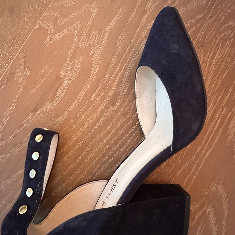 Nine West Navy Suede Heels with Gold Accents